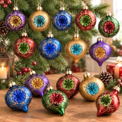 16 Pcs Vintage Glass Christmas Ornament Reflector Decor, Retro