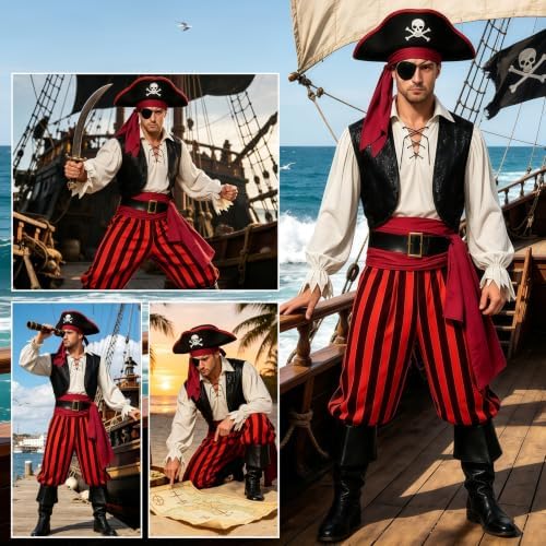 9pcs Adult Halloween Pirate Costume for Men with Accessories