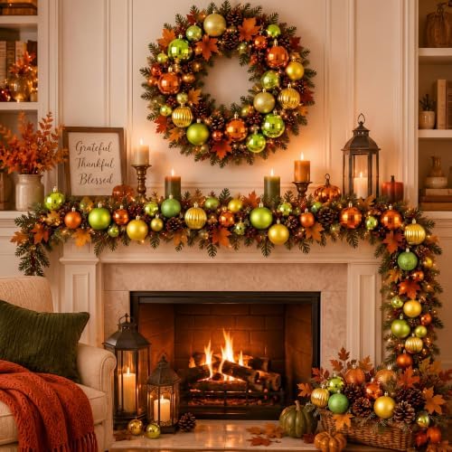 Lunmon 64 Pcs Fall Ornaments Orange Lime Green Autumn Thanksgiving Bulbs
