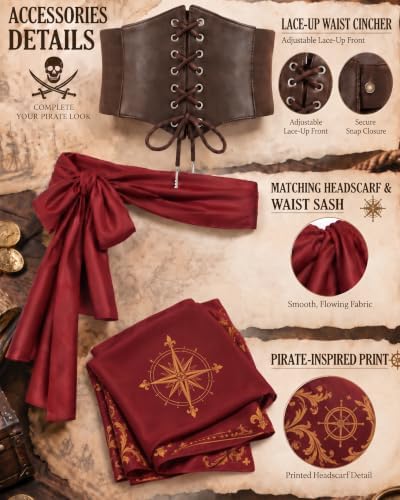 Pirate Costume Women, Renaissance Dress with Corset Belt, 4-Piece