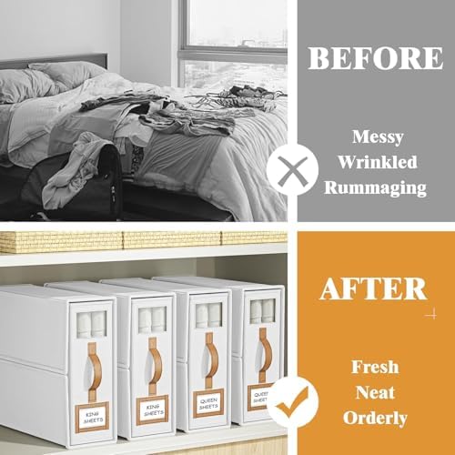 8 Pack Bed Sheets Organizers And Storage,Sheets Set Folder Keeper with Handle,Foldable Bedding Storage Box For Linen Closet,Duvet Cover(King Size-3.7 Gal,White)