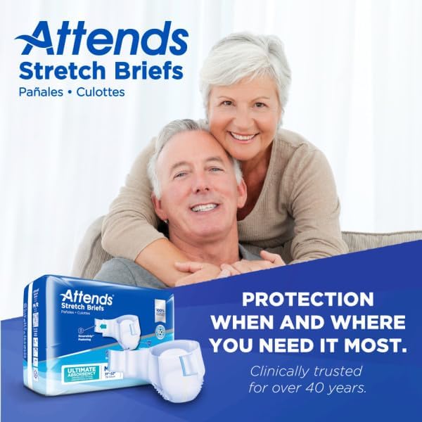 Attends Stretch Adult Incontinence Disposable Briefs, Medium/Regular, 31"-52" Waist with SecureGrip Tab Closure, Ultimate Absorbency with Dry-Lock Containment Core and Breathable Side Panels, 24ct Bag