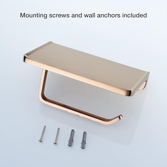 TRUSTMI Toilet Paper Holder with Phone Shelf, Bathroom Accessories Tissue Roll Dispenser Storage Wall Mounted, Plated Rose Gold