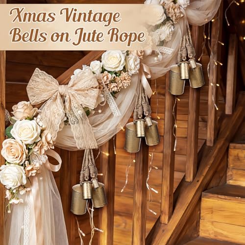 AceOrbit 12 Pcs Wedding Rustic Metal Cow Bells Set 1.75"/3"/4"/5" Hanging Vintage Giant Gold Christmas Harmony Bells on Jute Rope Vintage Farmhouse Xmas Tree Ornaments for Craft Wedding Decorations
