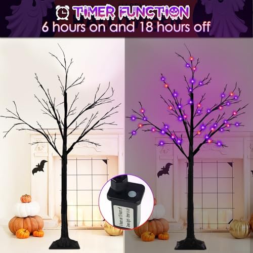 2 Pack 4FT Lighted Black Halloween Tree with 96 LED Orange & Purple Lights