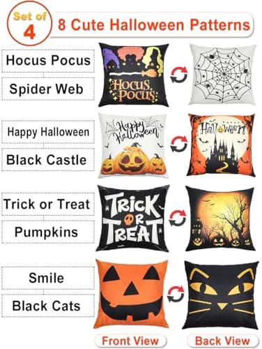 multiwins 4-Pack Double-Sided 8 Patterns Halloween Pillow Covers 20"x 20"