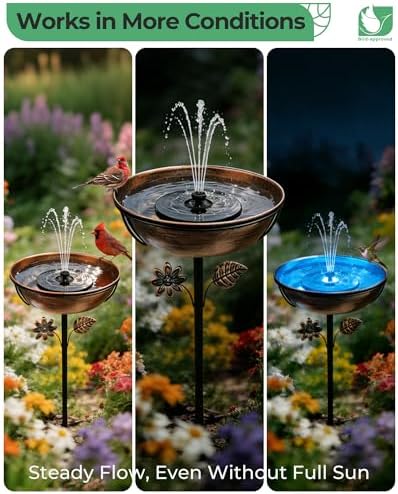 Metal Bird Bath with Solar Fountain, LED Lights & Battery Backup
