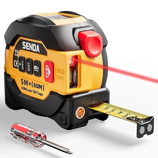 SENDA 3-in-1 Laser Tape Measure - 197Ft Digital Measuring Tape with Led Display&16Ft Measuring Tool with Magnetic Hook & Auto Lock - Pythagorean, Area, Volume, Ft/Ft+in/in/M Unit,AAA Battery*2, Yellow