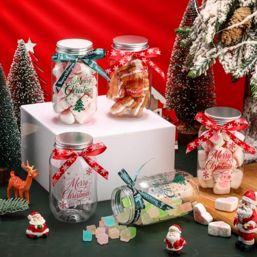 FillTouch 32 Set Christmas Mason Jars 12oz Plastic Jars with Lids Ribbons