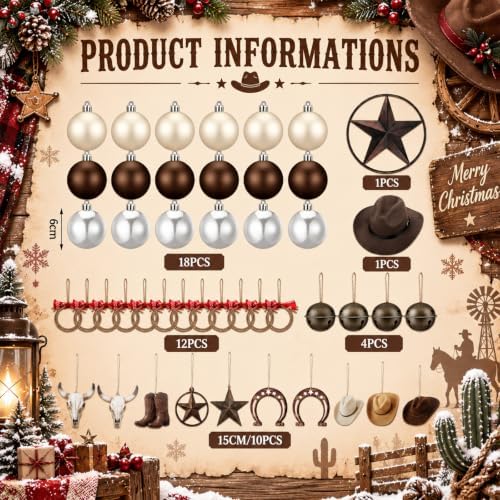 46 Pcs Western Christmas Tree Decorations Star Tree Topper Cowboy Hat Christmas Balls Bow Napkin Rings Metal Bells Western Cowboy Hanging Ornaments for Xmas Home Office Decorations