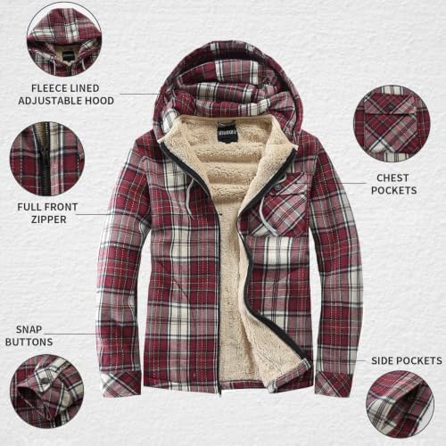 Elesuit Men's Full Zip Fleece Flannel Jacket Shirt Plaid Cotton Hoodie Coat