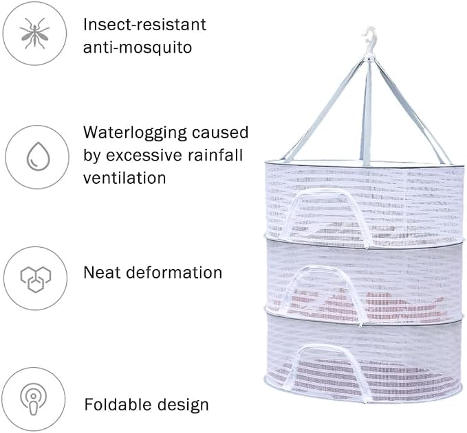 Foldable Drying Net for Vegetables, Fish, and Dehydrated Goods, Multi-Tiered Food Drying Net, Versatile Drying Rack, Windproof Design, Zipper Closure for Insect Protection 4Layer White
