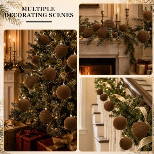 9Pcs Brown Velvet Christmas Ornaments 3.94In Balls for Christmas Tree Deco