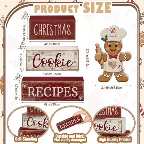 Moucuny 4 Pcs Christmas Table Decorations, Gingerbread Cookie Recipes Sign