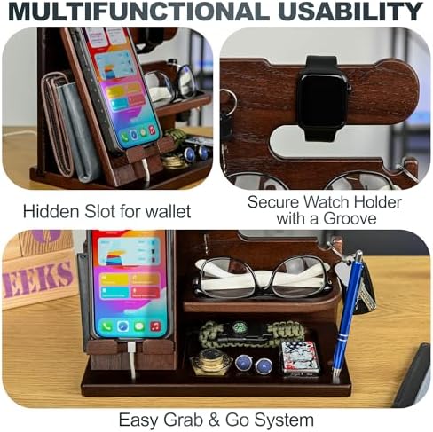 TESLYAR Wood Phone Docking Station for Men - Desk or Nightstand Organizer - Birthday Gifts for Husband, Dad - Anniversary Idea from Wife - Key Holder, Stand Wallet, Watch, Essentials (Chocolate Brown)