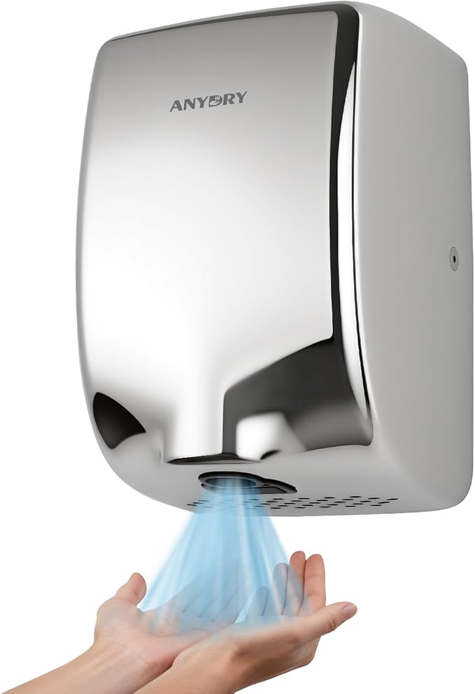 anydry Compact Hand Dryer, High-Speed 1350W Airflow, Polished Stainless Steel Finish, Space-Saving for Commercial & Home Use, Model AD2803Y
