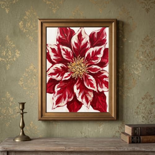 Framed Canvas Wall Art Expressive Painterly Red Poinsettia Deep Red and Creamy White Impasto Canvas Print Poster Gold Frame Wall Decor for Living Room Bedroom Floral Art, Holiday Decor - Inch 8x10