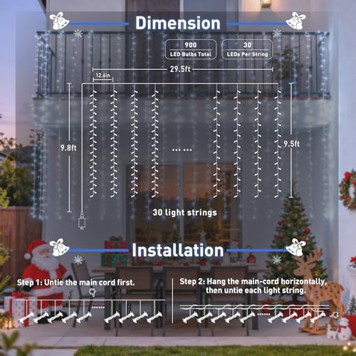 JMEXSUSS 900LED Curtain Lights, White Christmas Lights, 9.5x29.5ft