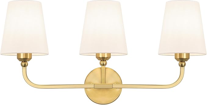 Bathroom Vanity Light, Brushed Gold Bathroom Light Fixtures, 3-Light Lighting Fixtures Over Mirror, Modern Wall Sconce with Flared White Fabric Shade, E26 Socket(ETL Listed)