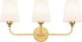 Bathroom Vanity Light, Brushed Gold Bathroom Light Fixtures, 3-Light Lighting Fixtures Over Mirror, Modern Wall Sconce with Flared White Fabric Shade, E26 Socket(ETL Listed)