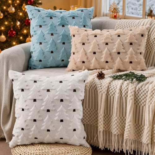 Allorry Christmas Pillow Covers 16x16 inch Set of 2 Blue Christmas Decorations Soft Plush Faux Fur Wool Christmas Tree Throw Pillow Cases Winter Holiday Decor for Sofa Living Room PT002F16