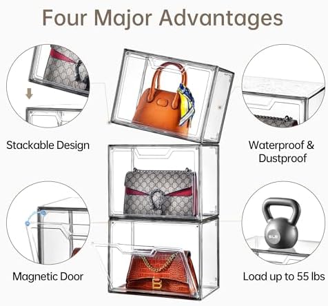 Purse Organizer for Closet,Clear Acrylic Display Case for Handbag Organizer, Purse Storage Box with Magnetic Door, Dustproof Storage Bins for Book, Collectibles, Cosmetic (Grey, 5)