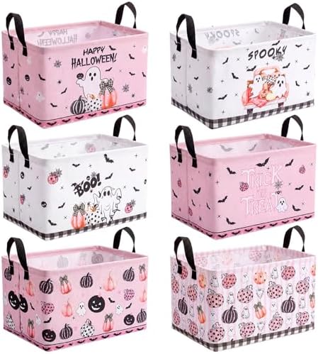 CHENGU 6 Pcs Halloween Storage Bins Collapsible Pink Ghost Storage Baskets