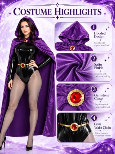 Raven Costume Set for Women with Hooded Cape Bodysuit and Gem Belt