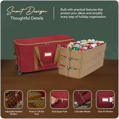 Covermates Keepsakes Rolling Adjustable Ornament Storage Bag – Heavy-Duty Polyester, FlexGrid Trays & Padded Dividers – Protective Holiday Organizer with Wheels, Handles & ID Window, Red