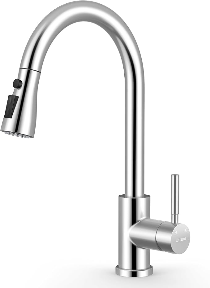 WEWE Kitchen Faucets with Pull Down Sprayer, Stainless Steel Single Handle 1 Hole for Family Kitchen Commercial Camper Laundry Rv Bar, Polished Chrome