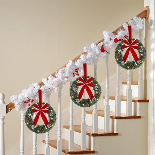 Hausse Set of 3 Christmas Wreaths, Lighted Artificial Christmas Wreath with Large Red Bow & Ornaments, Battery Operated with LED Lights, for Front Door Gate Wall Christmas Party Decorations