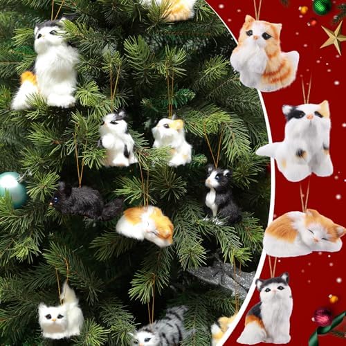 Skylety 10 Pieces Forest Animals Ornaments Woodland Animal Faux Fur Plush Hanging Ornaments Family Educational Playset for Fall, Winter Birthday Party Supplies(Cats)