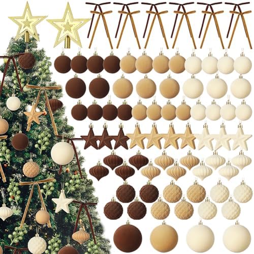 Hollowfly 95 PCS Velvet Christmas Tree Decor Set, Coffee, Brown, Beige