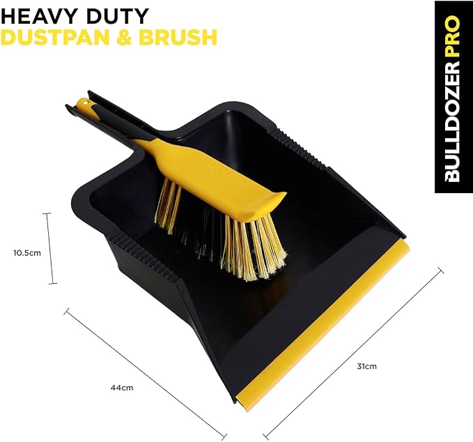 CHARLES BENTLEY Bulldozer Heavy Duty Dustpan and Brush Set with Stiff, Soft PVC Bristles, Serrated Edges, Front Scraper, Rubber Lip, Suitable for Garden and Indoor Use, Black and Yellow (44x28.5cm)