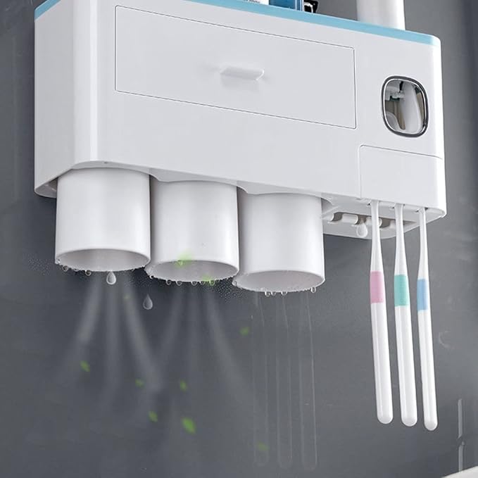 Toothbrush Rack Home Toothbrush Holder Wall Mounted Bathroom Organizer, Toothbrush Holder with Toothpaste Dispenser and Cups Bathroom Toothbrush Holder(B)