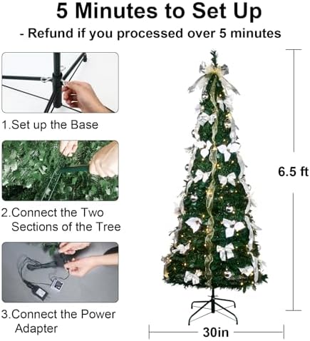 GameXcel 6.5FT Pop Up Christmas Tree with Lights and Decorations & Remote & Timer, Prelit Fully Decorated Pull Up Artificial Christmas Tree with Xmas Ball Ornaments Bows Ribbons for Xmas Party Decor