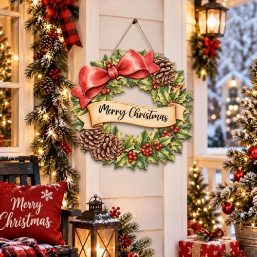 Christmas Decorations Red Bow Holly Pinecone Hanging Wooden Front Door Sign
