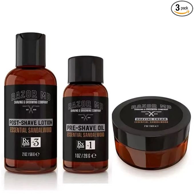 Razor MD Shave Trio for Men Pre-Shave Oil, Shaving Cream, Post-Shave Lotion, Premium Beard Care Kit And Beard Grooming Set Perfect for Conditioning And Beard Care, Sandalwood