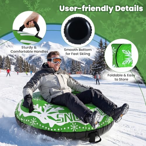 Goplus Inflatable Snow Tube, 42" Heavy-Duty Snow Sledding Tube with Detachable Tow Strap, Thickened Bottom, 3-in-1 Valve, Handles, Winter Outdoor Fun Toy for Kids & Adults, Christmas Birthday