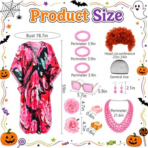 Halloween Women Landlady Costume Caftan Dress Curly Wig Jewelry & Sunglass