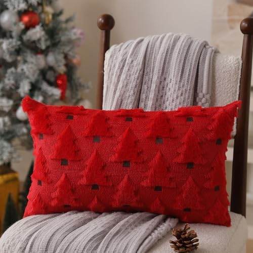 Allorry Christmas Pillow Covers 12x20 inch Set of 2 Christmas Decorations Soft Plush Faux Fur Wool Red Christmas Tree Throw Pillow Cases Winter Holiday Decor for Sofa Living Room PT002B12