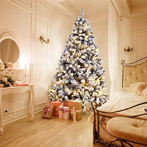 ReunionG 7.5FT Snow Christmas Tree, Artificial Flocked Hinged Pine Tree, Holiday Decoration Tree with Premium PVC Needles and Solid Metal Stand, Full Christmas Tree for Indoor Outdoor (7.5FT)