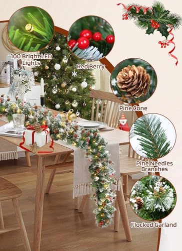Christmas Garland with Lights, 9Ft Prelit Garland, 8 Light Modes & Timer