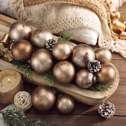 Yunlly 18 Pcs Textured Christmas Ball Ornaments 2.36'' 2.76'' 3.15'' Neutral Copper Ornament Modern Farmhouse Brown Hanging Christmas Decor Vintage Tree Decor for Home Xmas Shatterproof Brass