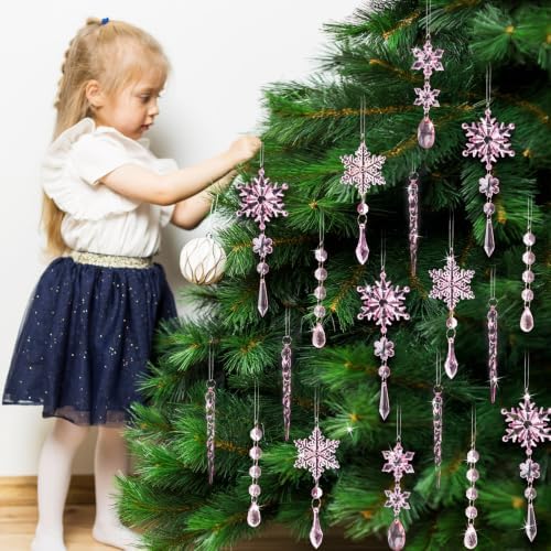 36pcs Crystal Christmas Ornaments for Tree Decorations, Pink Hanging Acrylic Snowflake Icicle Star Ornaments with Drop Pendants for Winter Wonderland Chandelier Crystals Decorations Supplies
