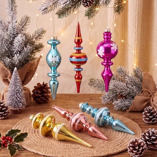 Soulchen 6 Pcs Vintage Glass Finial Christmas Ornaments Bright 6-6.8 Inch