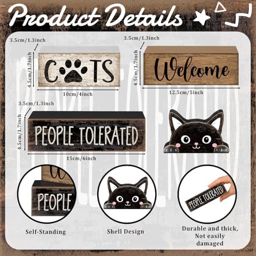 Lineshading 4 Pcs Cat Wooden Sign Set, Farmhouse Tiered Tray Decor