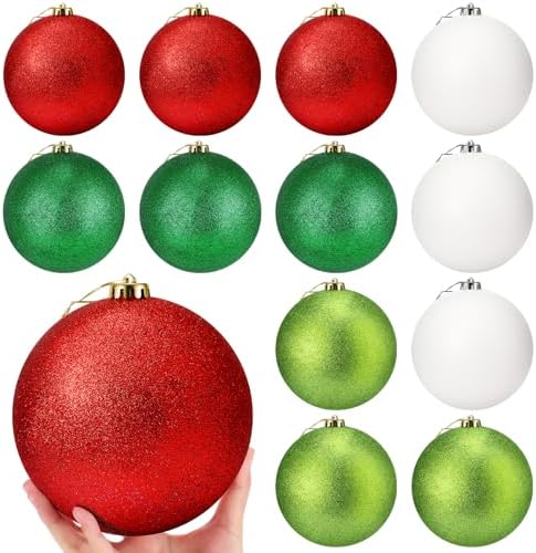 Poen 12 Pcs 6 Inch Large Glitter Christmas Ball Ornament, Red, Green, White