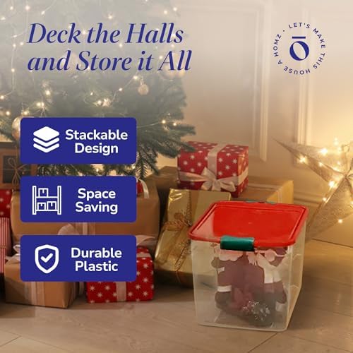 HOMZ Holiday Tote Storage Bin w/Lid & Dividers, 31 Qt, Clear/Red, 4 Pack