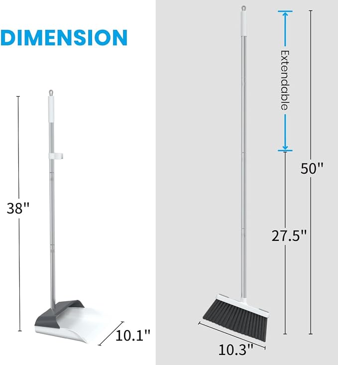 Stand Up Dustpan and Broom Set 50” Long Handle Broom with Dust Pan, 20° Angled for Ergonomic Home Office Indoor Sweeping